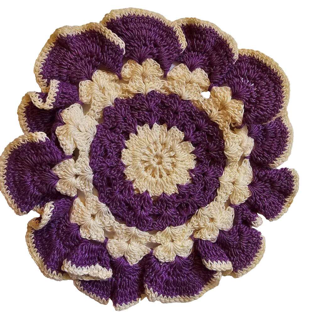 Crocheted Handmade Ruffled Doily Dresser Scarf Purple & White 7" Vintage